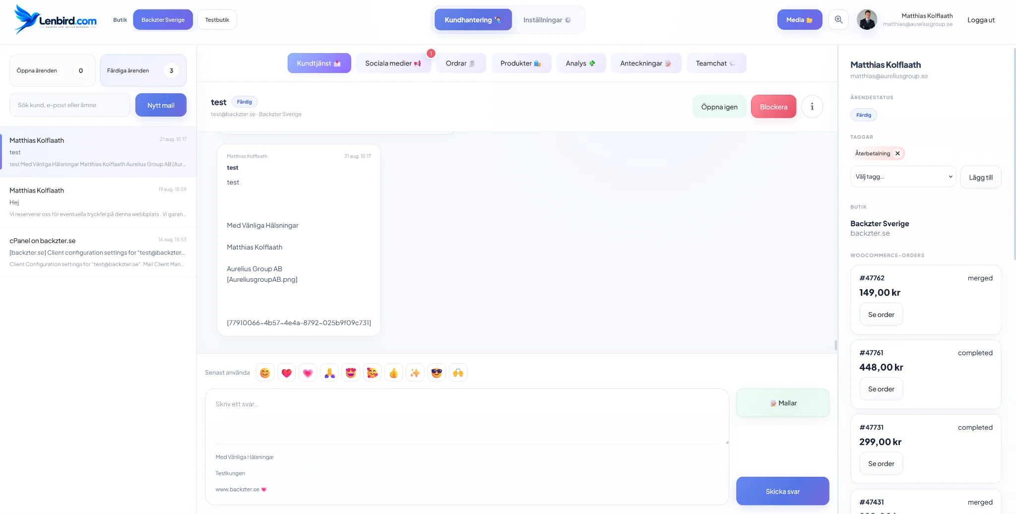 Lenbird kundtjänst CRM med WooCommerce-order och kunddialog