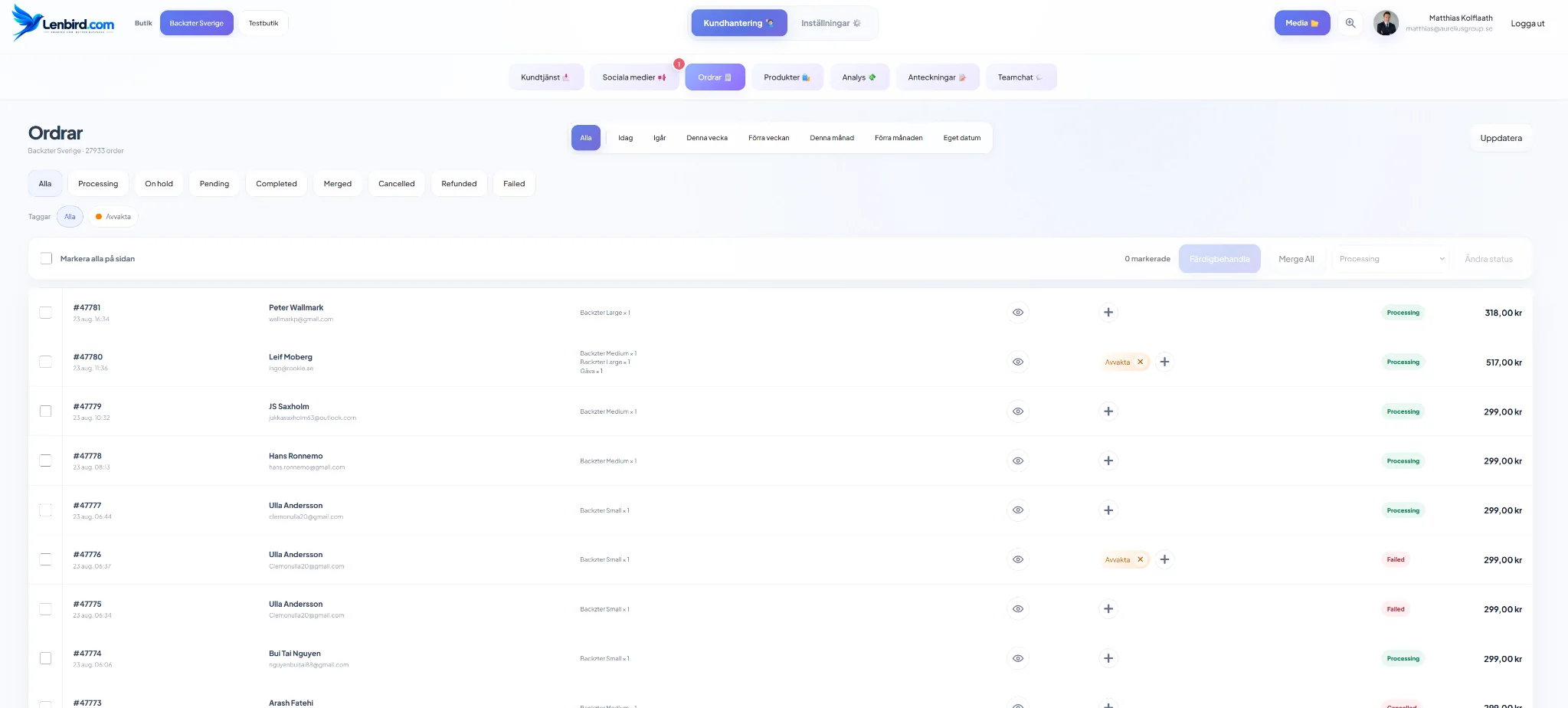 Lenbird WooCommerce orderhantering och orderfilter
